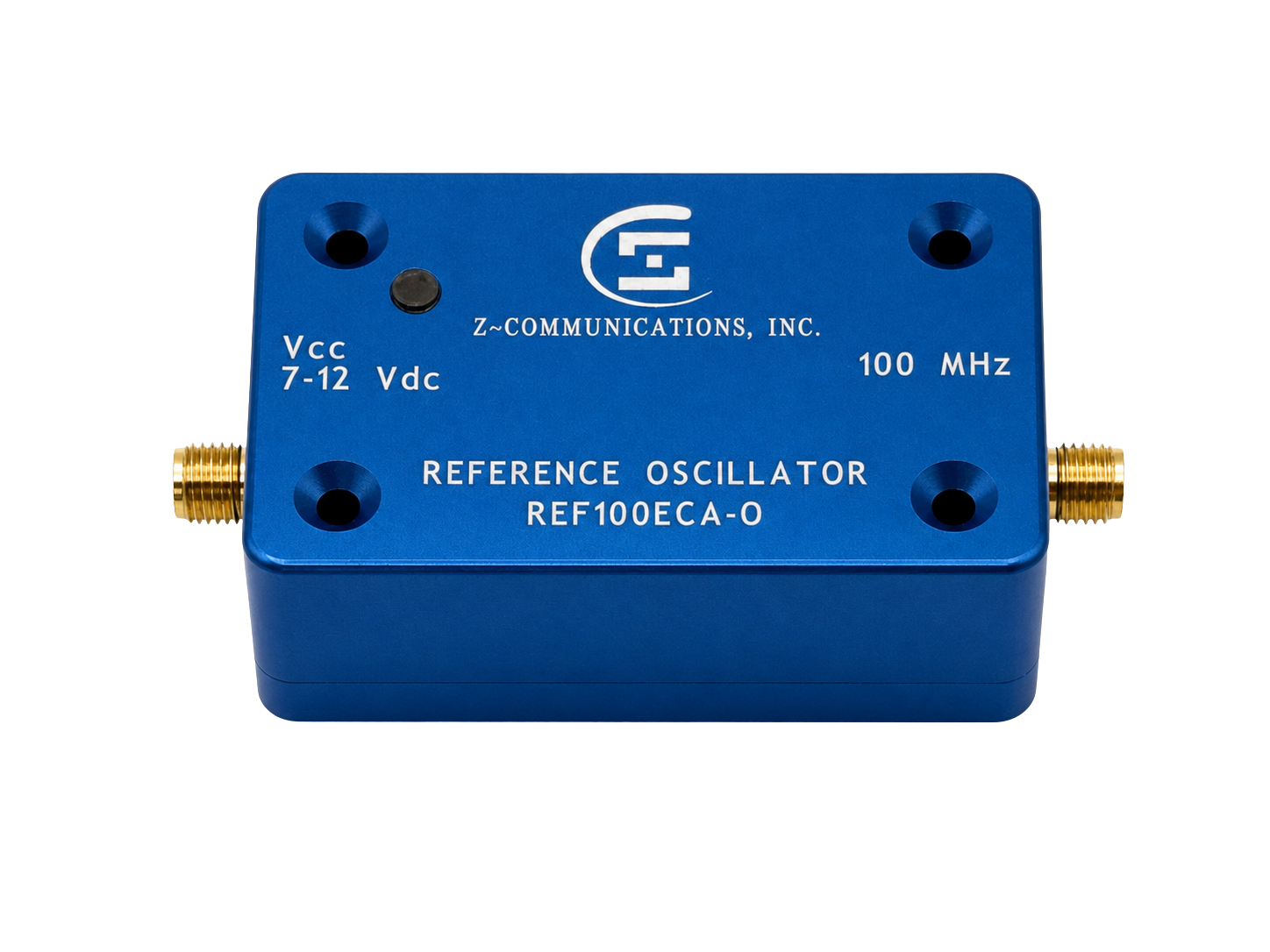 REF100ECA-O 100 MHz OCXO reference oscillator in a blue all-metal enclosure with SMA connectors